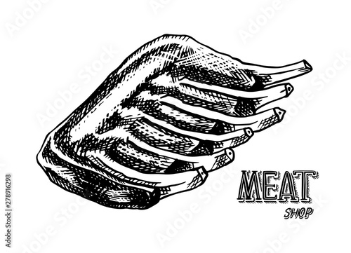 Grilled meat, BBQ Pork or beef ribs. Barbecue food in vintage style. Templates for restaurant menu, emblems or badges. Hand drawn sketch.