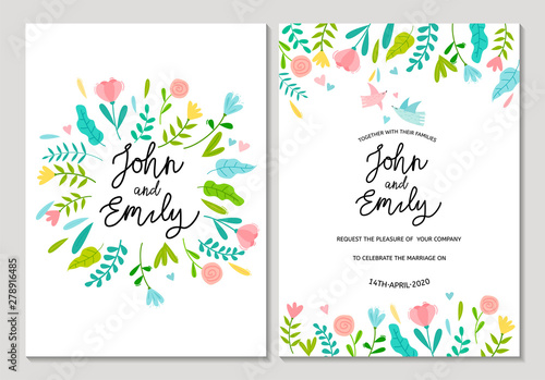Wedding invitation card with cute flowers and birds