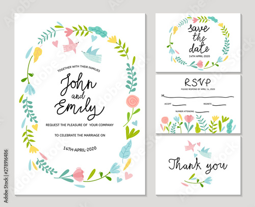 Wedding invitation card with cute flowers and birds. Save the date, RSVP, Tha...