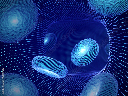 Digital technologies in medicine and science. Concept of modern diagnostics and research in medicine. Digital red blood cells erythrocytes. Virtual reality background. EPS 10 vector illustration.