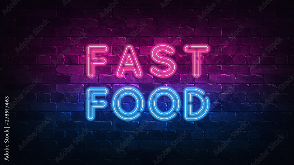 Fast food neon sign. purple and blue glow. neon text. Brick wall lit by neon lamps. Night lighting on the wall. 3d illustration. Trendy Design. light banner, bright advertisement