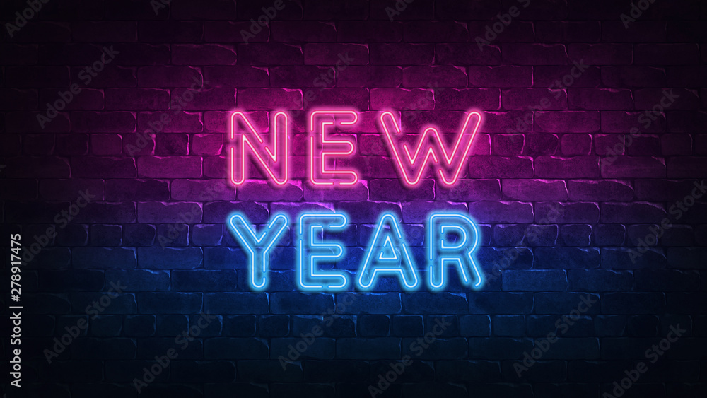 Obraz premium New Year neon sign. purple and blue glow. neon text. Brick wall lit by neon lamps. Night lighting on the wall. 3d illustration. Trendy Design. light banner, bright advertisement