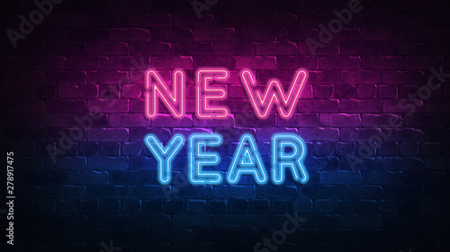 New Year neon sign. purple and blue glow. neon text. Brick wall lit by neon lamps. Night lighting on the wall. 3d illustration. Trendy Design. light banner, bright advertisement