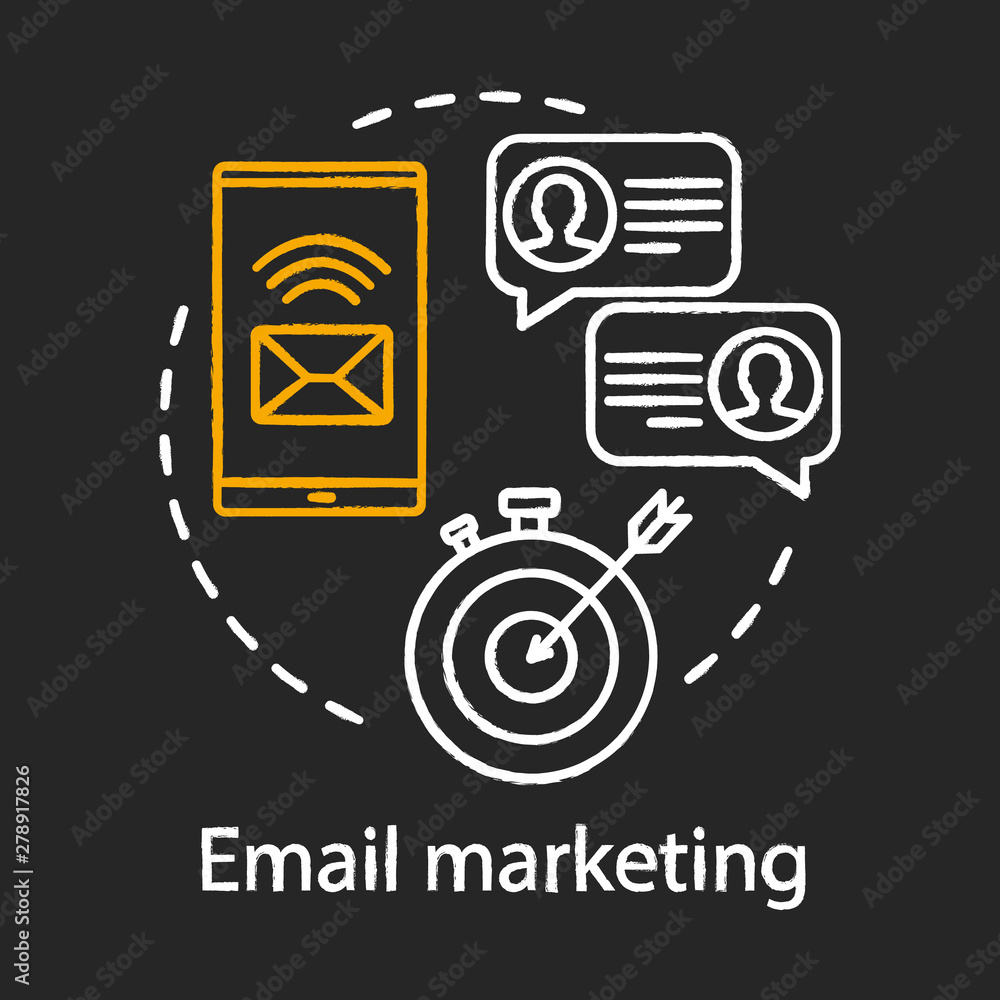 Email marketing chalk concept icon. Digital marketing tactic idea. Business strategy. Emails sending. Brand promotion. Mass mailing, target ads. Vector isolated chalkboard illustration Email marketing chalk concept icon. Digital marketing tactic idea. Business strategy. Emails sending. Brand promotion. Mass mailing, target ads. Vector isolated chalkboard illustration