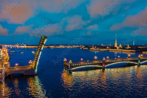 Saint-Petersburg. Russia. Petersburg in summer evening. Raised Troitsky bridge across Neva river. Peter and Paul fortress across the Trinity bridge. Petersburg drawbridges. Cities of Russia.