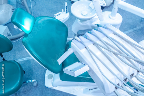 The workplace of the dentist. Stomatological chair with physician tool kit. Dental unit. Stomatological module. Dental office equipment. Dentistry.