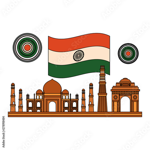 taj mahal indian and mosques with flag