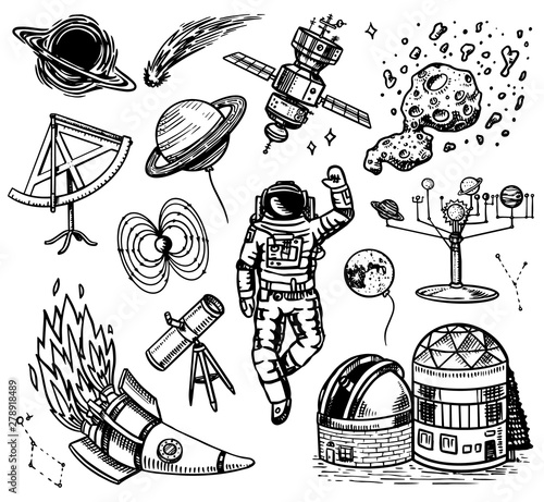 Astronomy background in vintage style. Space and cosmonaut, moon and spaceships, meteorite and stars, planets and observatory. Hand drawn in retro doodle style.