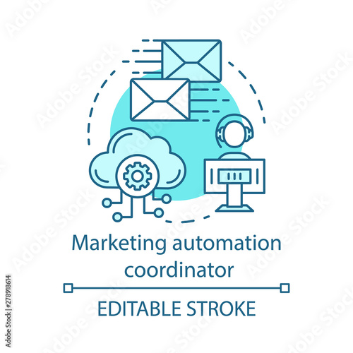 Marketing automation coordinator blue concept icon. Digital marketing specialty idea thin line illustration. Automated business campaign. Mass mailing. Vector isolated outline drawing. Editable stroke