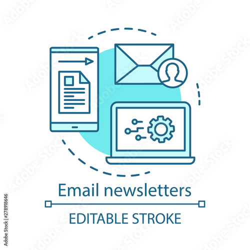Email newsletters turquoise concept icon. Marketing automation idea thin line illustration. Company news. Email communication, advertising campaign. Vector isolated outline drawing. Editable stroke