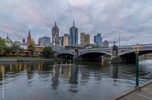 Beautiful view of the city center of Melbourne  Australia  and the Yarra River at dusk