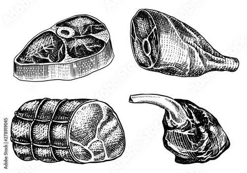 Beef meat, pork steak, chicken leg, meatloaf, bacon and ribs. Barbecue food in vintage style. Templates for restaurant menu, emblems or badges. Hand drawn sketch.