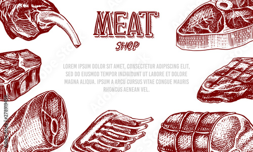 Grilled meat poster, Pork or beef steak. Barbecue BBQ banner. Food in vintage style. Background for restaurant menu, emblems or badges. Hand drawn sketch.