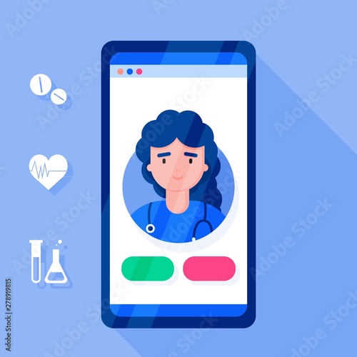 Online tele medicine flat concept. Medical call consultation and treatment via application of smartphone connected internet clinic. Online family doctor consultation technology in smartphone vector.
