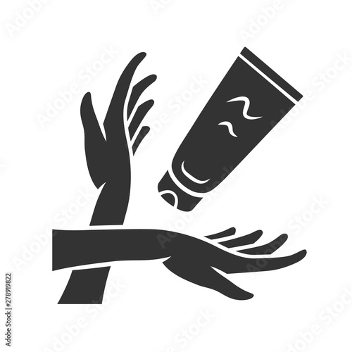 Moisturizing hand cream, sunblock glyph icon. Feminine hygiene, body care silhouette symbol. Negative space. Cosmetology, skincare product vector isolated illustration. Suntan and sunburn protection