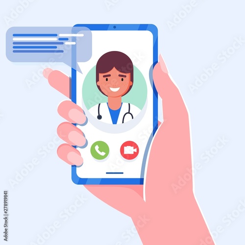 Online tele medicine flat concept. Medical consultation and treatment via application of smartphone connected internet clinic. Online doctor consultation technology in smartphone vector.