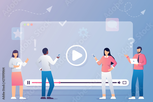 People watching and sharing online video. Digital internet television, web videos player or social media live stream vector concept illustration. Online cinema, play and watching movie