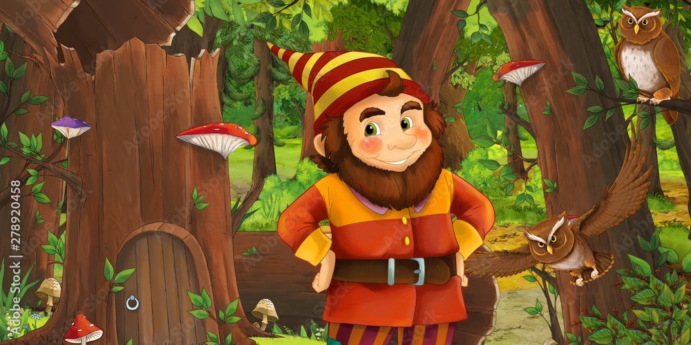 cartoon scene with happy dwarf in the forest near some house in the old tree and near some owls birds - illustration for children cartoon scene with happy dwarf in the forest near some house in the old tree and near some owls birds - illustration for children