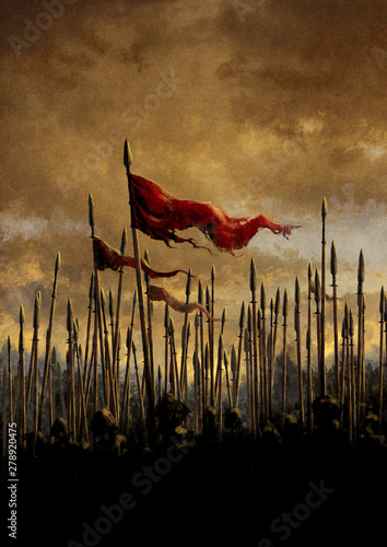 Foto Battle ready army with flags and spears on the sunset