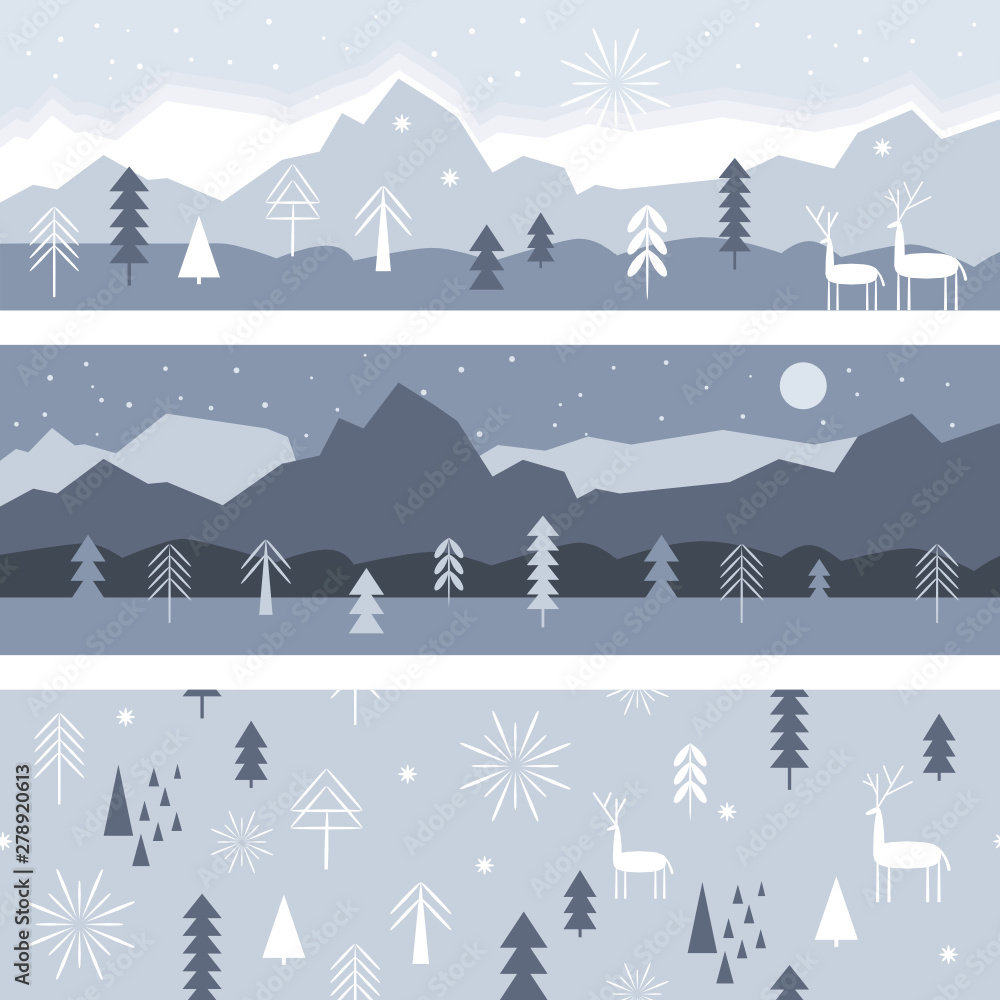 Set of horizontal banners, winter landscape illustration in gray color, seamless pattern, Christmas Deer, Christmas cards idea 