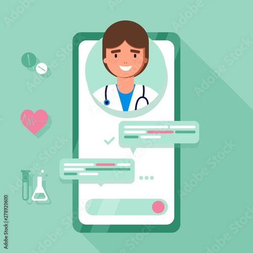 Online tele medicine flat concept. Medical consultation and treatment via application of smartphone connected internet clinic. Online doctor consultation technology in smartphone vector.