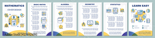 Mathematics lessons brochure template layout. Flyer, booklet, leaflet print design with linear illustrations. Geometry, algebra, statistics. Vector page layouts for magazines, annual reports, posters