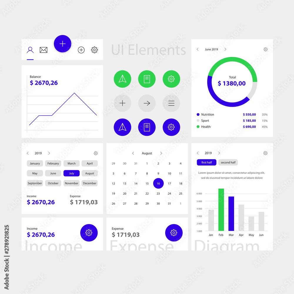 Blue web and app ui elements template. Minimal web interface with navigation, buttons, icons for use on the site. Daily ui