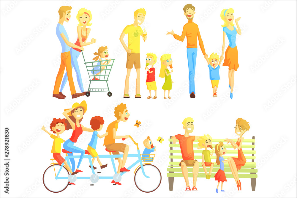 Family Weekend Illustration Of Simple Stylized Flat Vector Drawings On White Background. Family Weekend Illustration Of Simple Stylized Flat Vector Drawings On White Background.