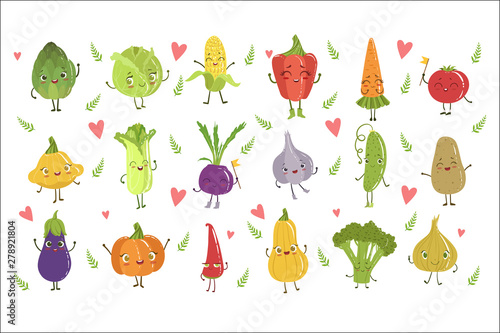 Funny Girly Design Vegetables Set Of Adorable Flat Cartoon Humanized Vector Drawn Characters.