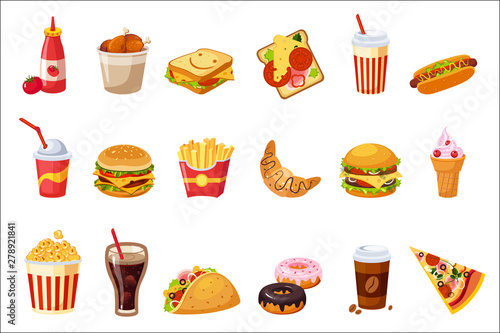 Obraz na plátně Fast Food Items Set Of Realistic Design Vector Stickers Isolated On White Background