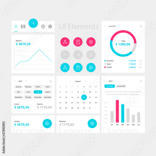 Web and app ui elements template on white background. Minimal web interface with navigation, buttons, icons for use on the site. Daily ui