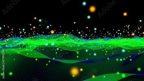 3D rendered Animation of particle physics, dancing particles and wave form vibrations symbolising the dualism of both concepts in quantum physics. photo