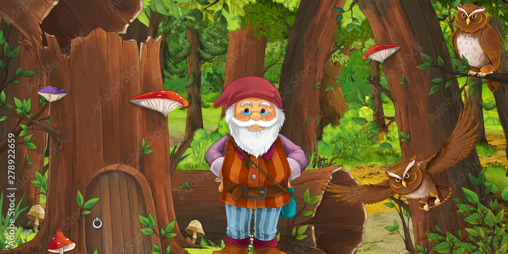 cartoon scene with happy dwarf in the forest near some house in the old tree and near some owls birds - illustration for children cartoon scene with happy dwarf in the forest near some house in the old tree and near some owls birds - illustration for children