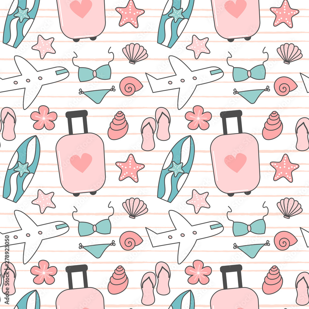 cute lovely travel and summer seamless vector pattern background illustration with suitcase, bikini, seashells, airplane, surfboard, flip flop and starfishes cute lovely travel and summer seamless vector pattern background illustration with suitcase, bikini, seashells, airplane, surfboard, flip flop and starfishes