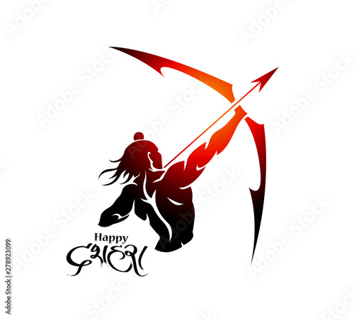 Lord Rama with arrow killing Ravana in Navratri festival of India poster with hindi text Dussehra, Hand Drawn Sketch Vector illustration.