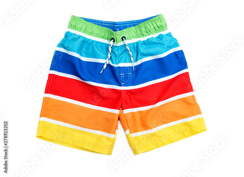 Φωτογραφία Swimming shorts for boy in stripes of different colors.