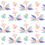 cute pink flamingo with exotic tropical leaves and flower seamless vector pattern background illustration