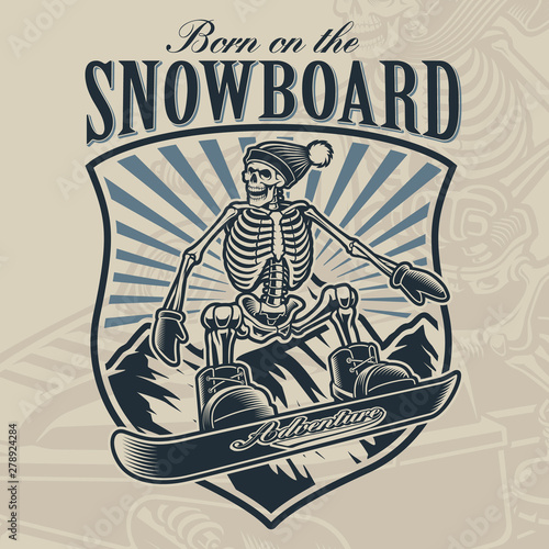 Vintage badge of a skeleton on the snowboard