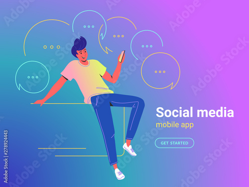 Man using mobile app concept vector illustration of young guy sitting with smartphone using mobile app for texting