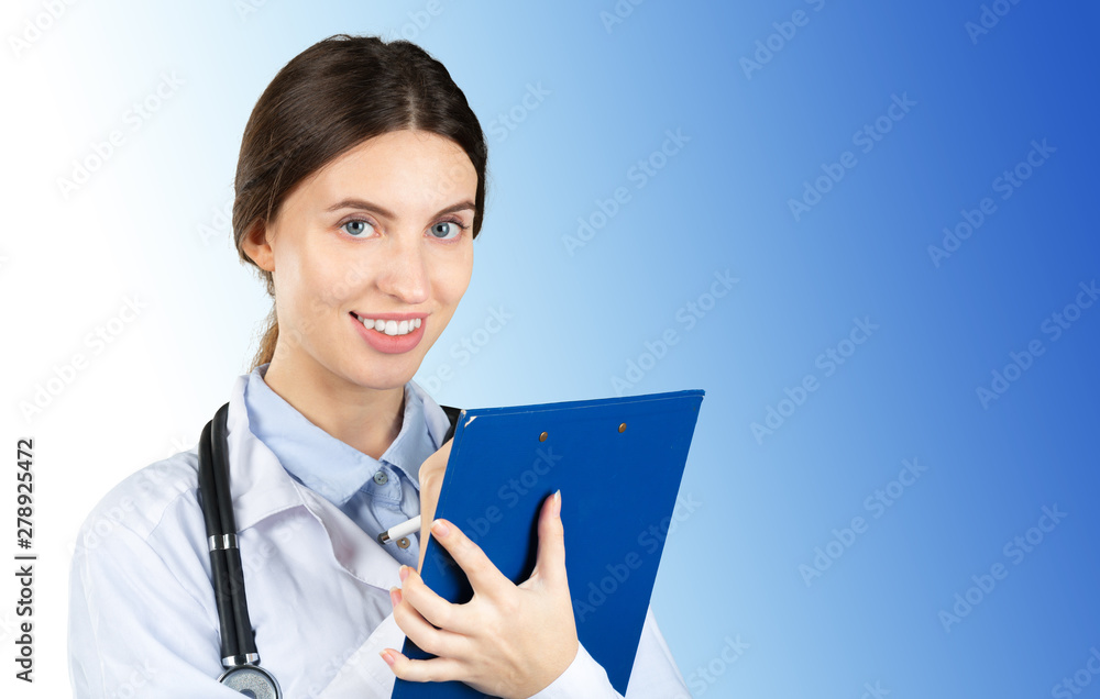 Portrait of an attractive young female doctor in white coat Portrait of an attractive young female doctor in white coat
