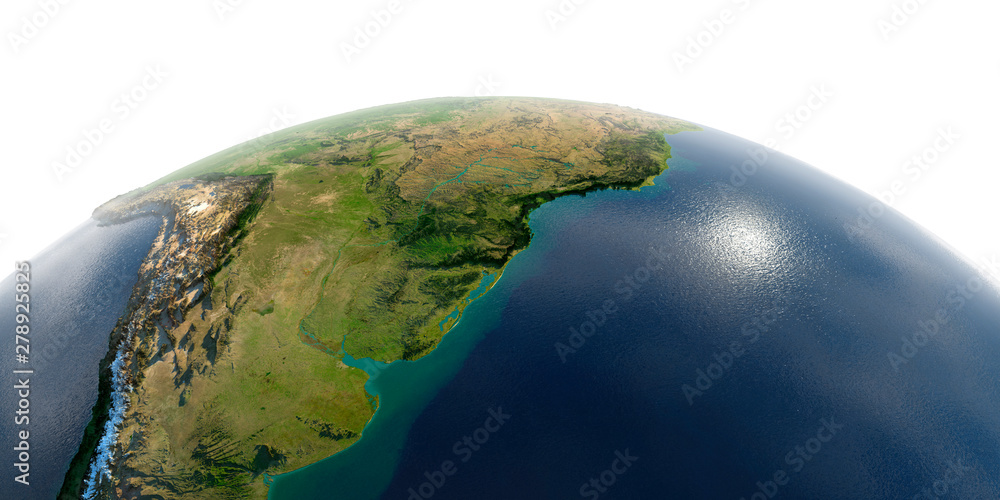 Fototapeta premium Detailed Earth on white background. South America. Rio de La Plata