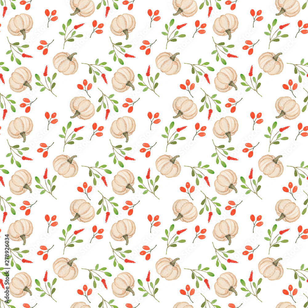 Watercolor pumpkins seamless pattern on white fone. Hand draw illustration. Perfect for craft projects, paper products, party decorations, printable, greetings cards, posters, the invitations.