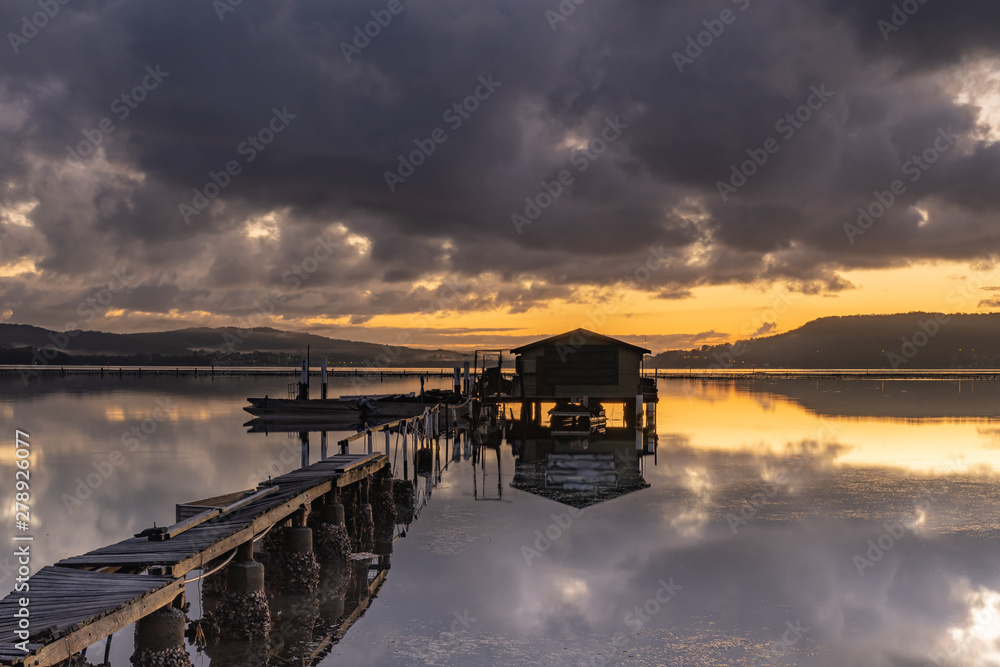 Moody Sunrise with Clouds, Wharf and Oyster Shack Moody Sunrise with Clouds, Wharf and Oyster Shack