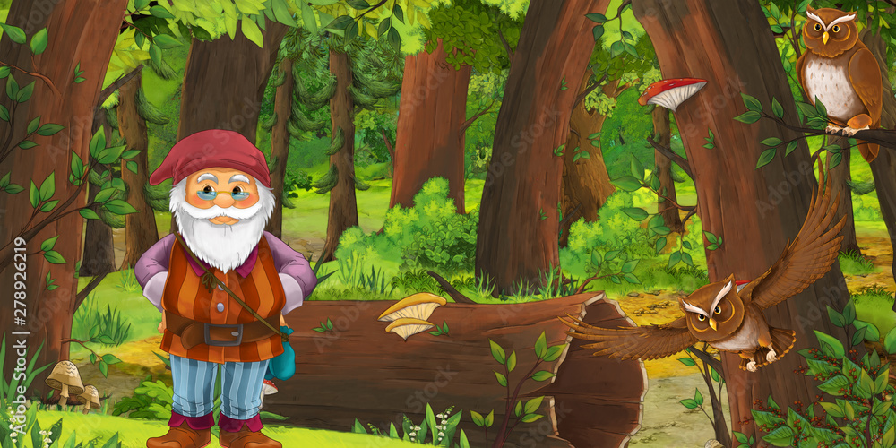 cartoon scene with happy dwarf in the forest near some owls birds - illustration for children cartoon scene with happy dwarf in the forest near some owls birds - illustration for children