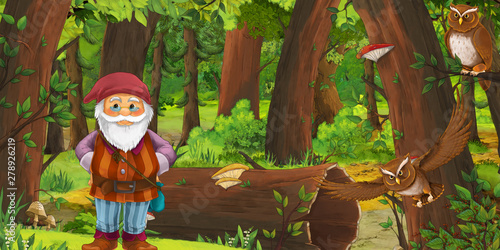 Fototapeta Naklejka Na Ścianę i Meble -  cartoon scene with happy dwarf in the forest near some owls birds - illustration for children