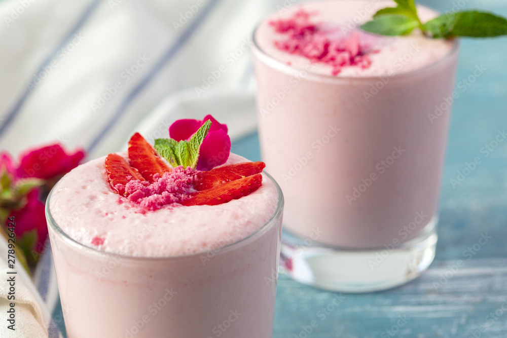 Close up of fruit yougurt smoothie - health living concept Close up of fruit yougurt smoothie - health living concept