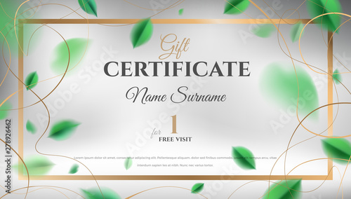 Gift certificate vector template design. Abstract creative spring layout with green leaves and golden color rich elegant decoration