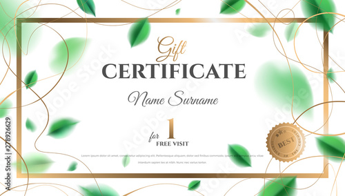 Gift certificate vector template design. Abstract creative spring layout with green leaves and golden color rich elegant decoration