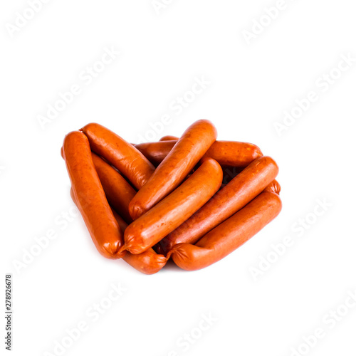 Fotografie Smoked sausages in natural casing brown color on white background