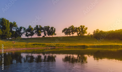 Sunset on the edge of a lake in the country  Moldova  2019